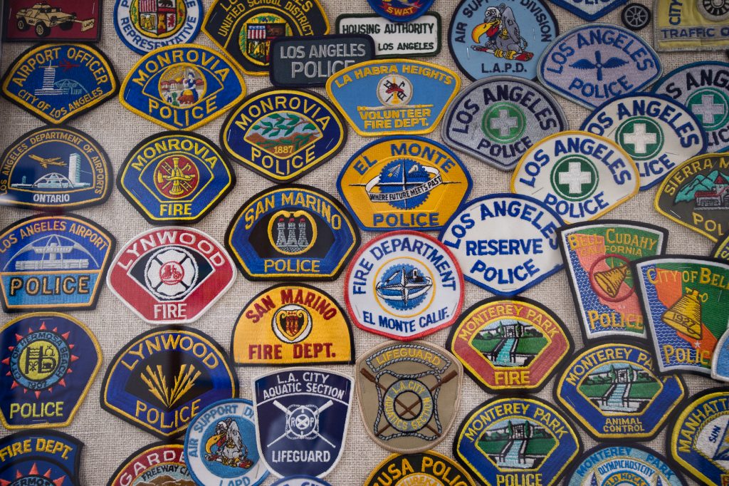 Law enforcement patches on display at the Los Angeles Department of Medical Examiner-Coroner.