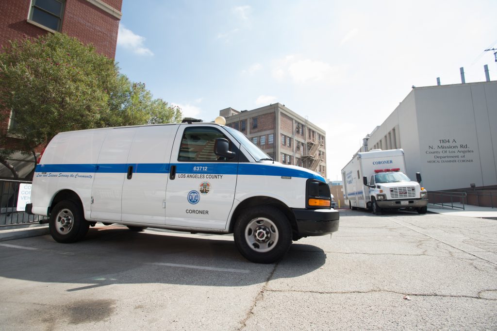 A van parked at the Los Angeles County Department of Medical Examiner-Coroner.