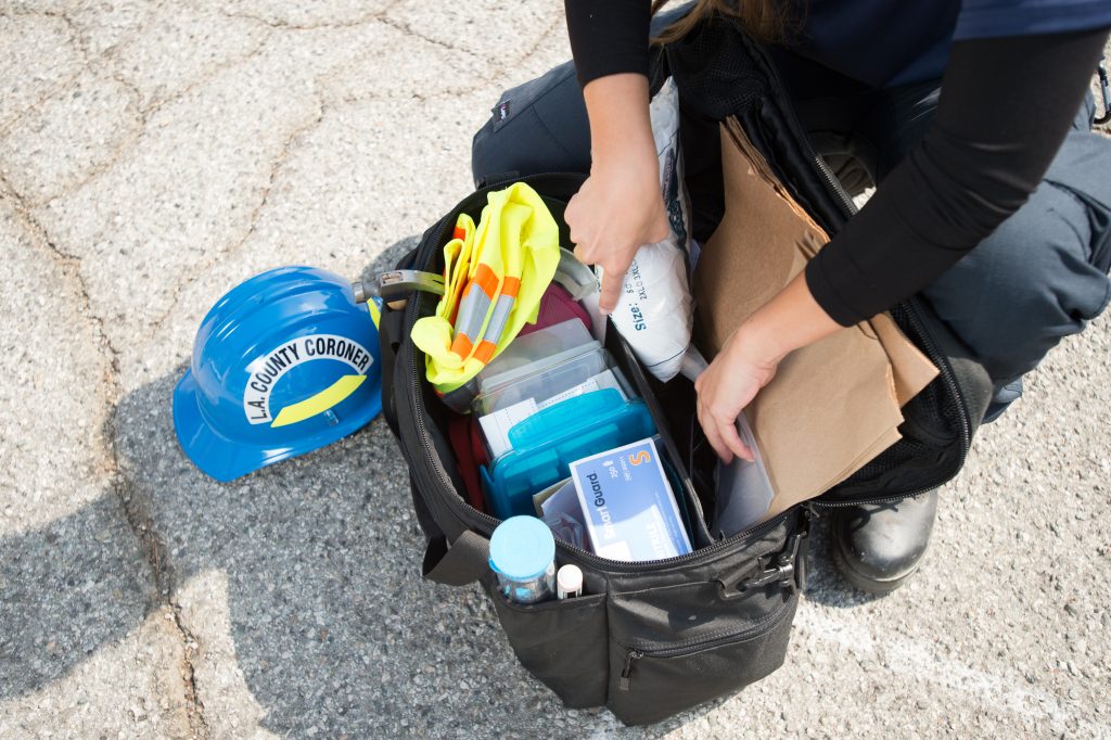 An investigator's utility bag at the Los Angeles County Department of Medical Examiner-Coroner.